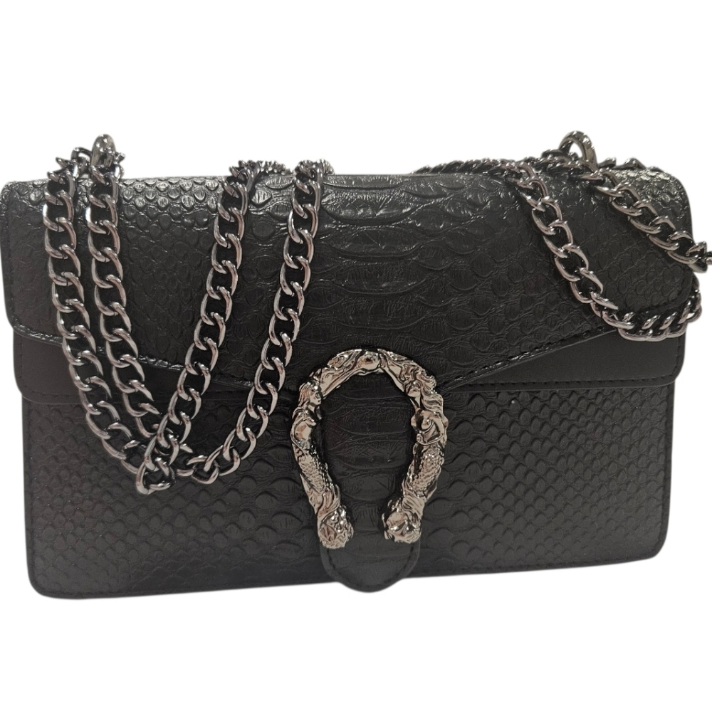 NEW Black Croc Embossed & Snake Detailed Closure With Gunmetal Hardware Bag